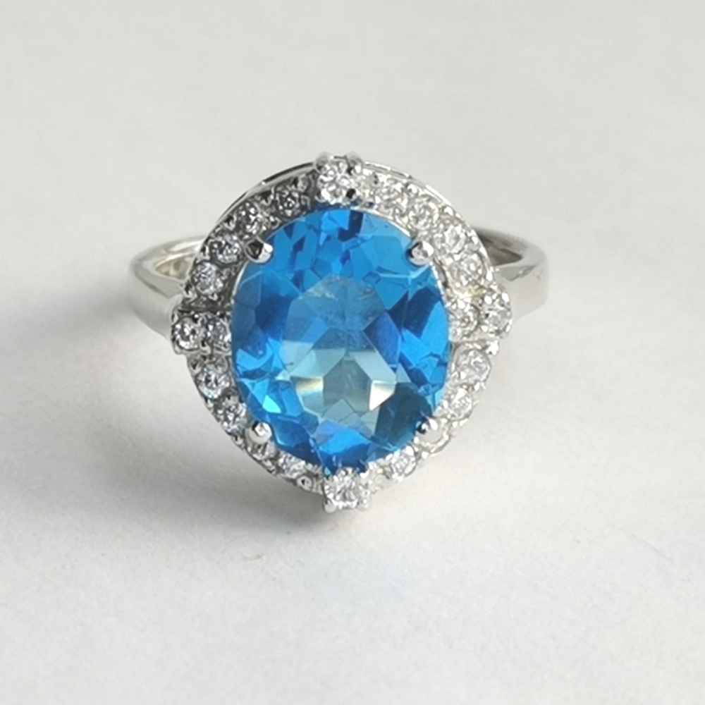 Swiss Blue Topaz white sapphire halo cocktail ring size 8